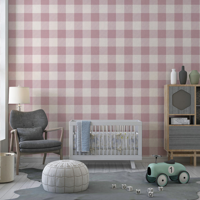 Babykamer behang | Zachte vichy-motief in roze en crème