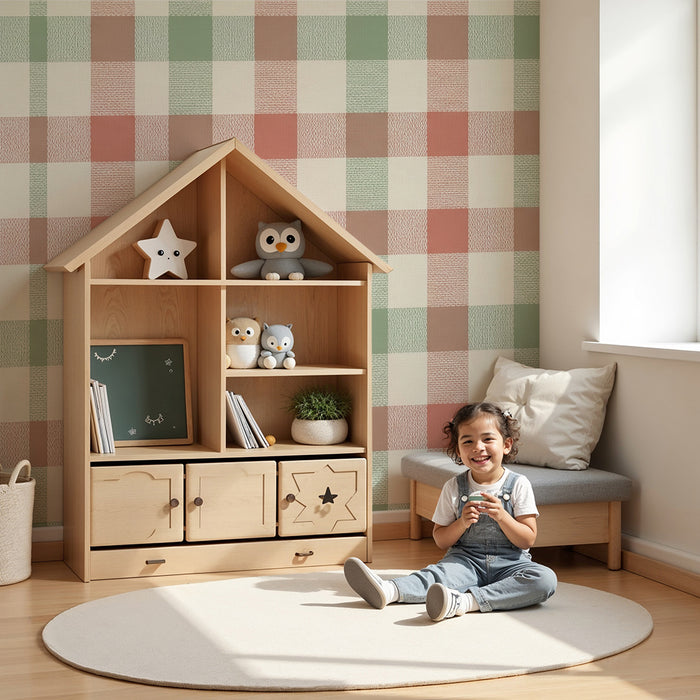 Papier peint chambre bébé | Motif vichy doux en rose et vert
