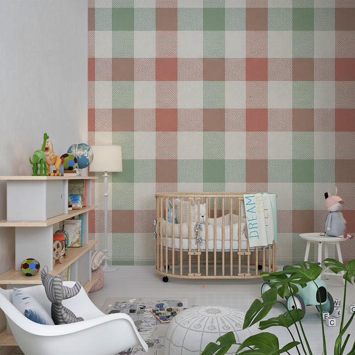 Papier peint chambre bébé | Motif vichy doux en rose et vert