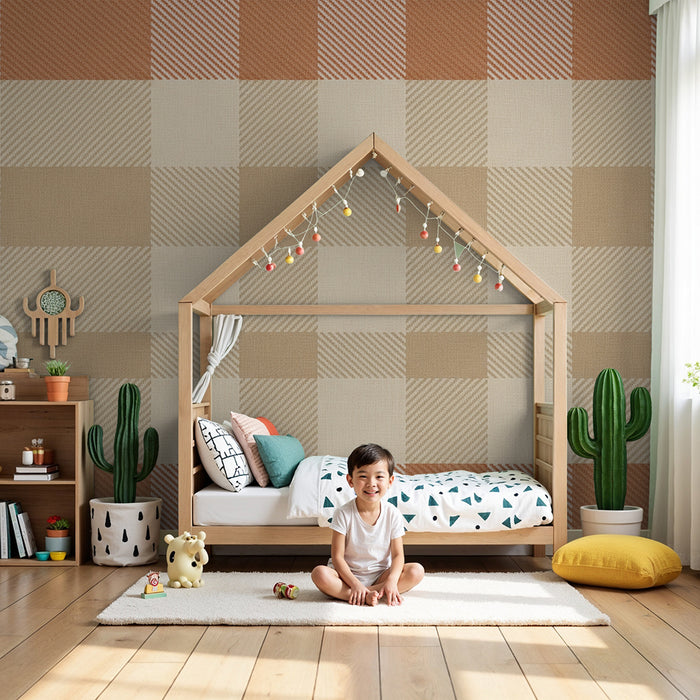 Behang babykamer | Zachte vichy-motief in beige en terracotta tinten