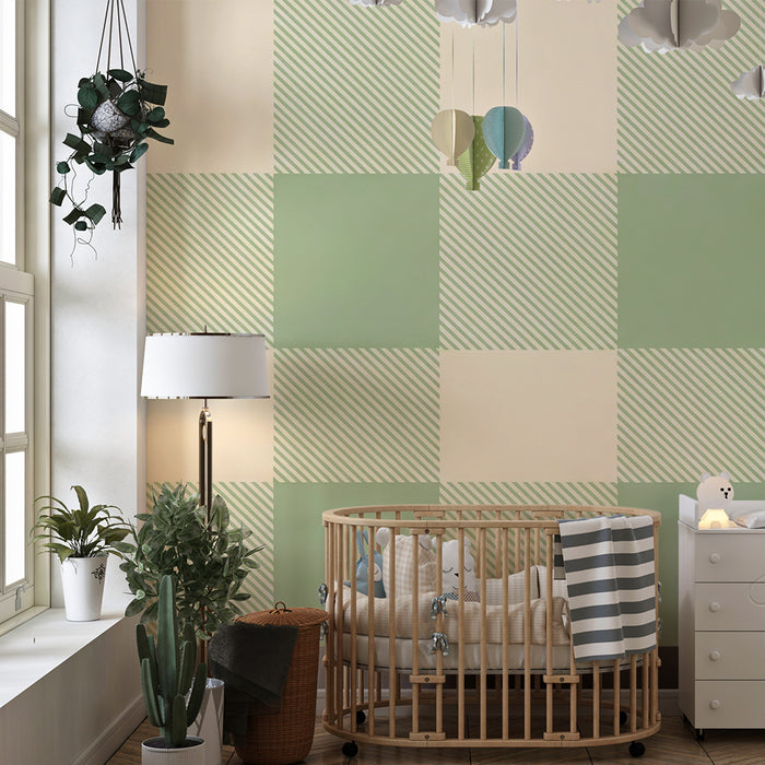 Behang babykamer | Zacht vichy-motief in crèmegroen