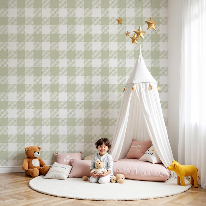 Χαρτί τοίχου για το δωμάτιο του μωρού | Απαλό πράσινο και λευκό καρώ μοτίβο