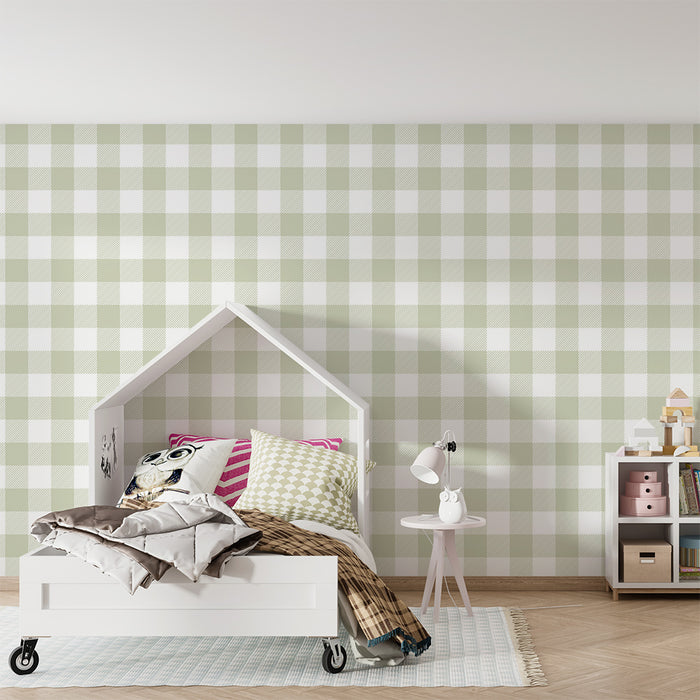 Χαρτί τοίχου για το δωμάτιο του μωρού | Απαλό πράσινο και λευκό καρώ μοτίβο