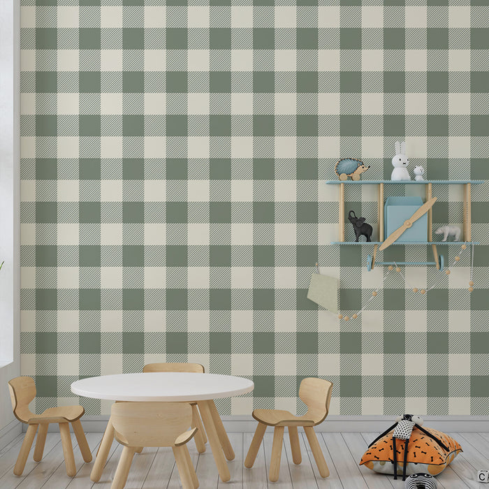 Papel de parede quarto bebê | Padrão vichy suave em verde e creme