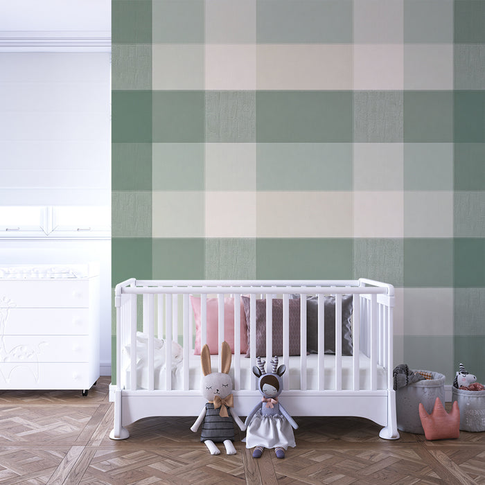 Papel pintado para habitación de bebé | Estampado vichy en verde y crema de estilo suave