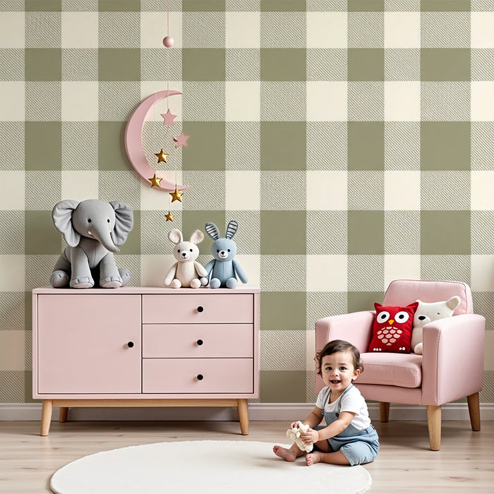 Hier ist die Übersetzung:

**Babyzimmer Tapete | Vichy-Muster in Grün und Creme in einer sanften Optik**