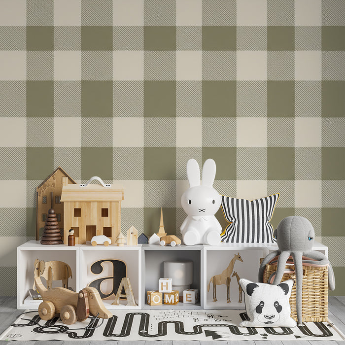 Hier ist die Übersetzung:

**Babyzimmer Tapete | Vichy-Muster in Grün und Creme in einer sanften Optik**