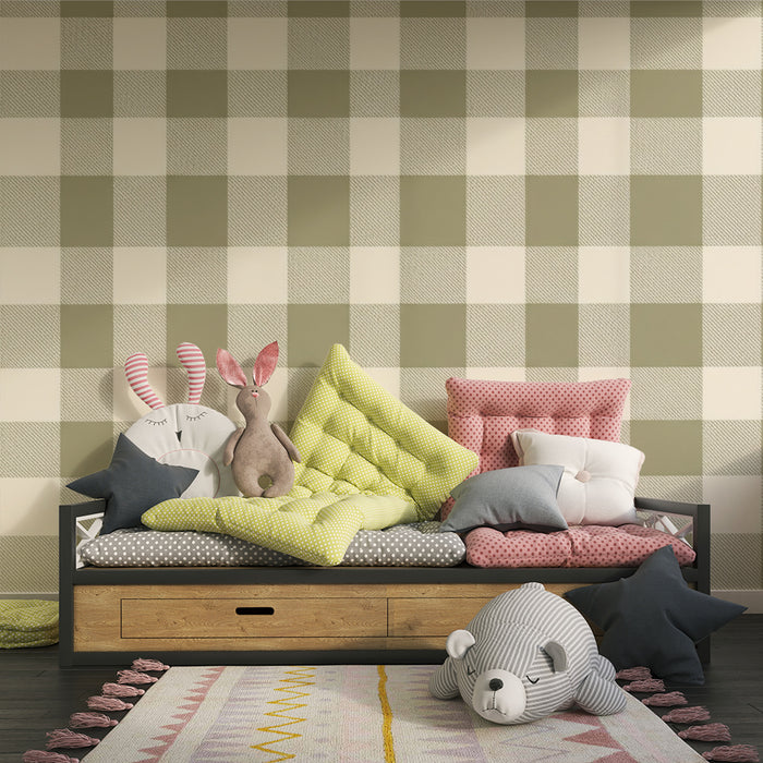 Hier ist die Übersetzung:

**Babyzimmer Tapete | Vichy-Muster in Grün und Creme in einer sanften Optik**