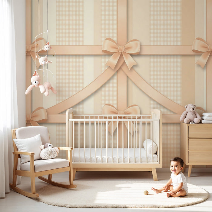 Behang babykamer | Vichy-motief met delicate linten in pasteltinten