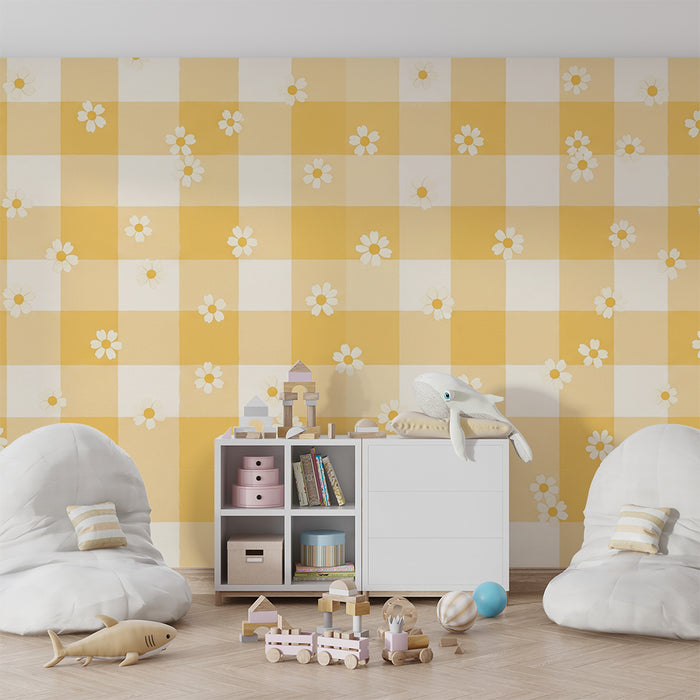 Behang babykamer | Geel ruitmotief met witte bloemen