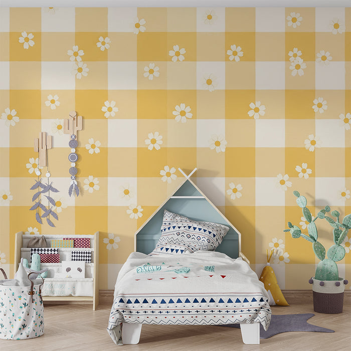 Behang babykamer | Geel ruitmotief met witte bloemen