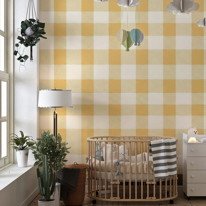Tapeta do detskej izby | Vichy vzor v žltej a bielej farbe pre jemnú atmosféru