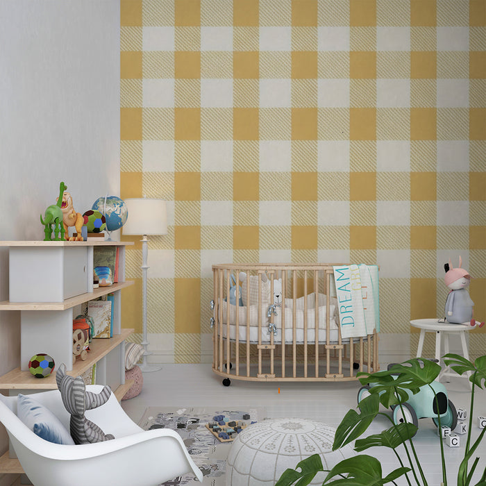 Tapeta do detskej izby | Vichy vzor v žltej a bielej farbe pre jemnú atmosféru