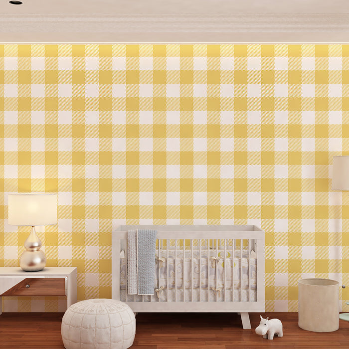 Carta da parati bambini | Motivo vichy giallo e bianco per un'atmosfera dolce