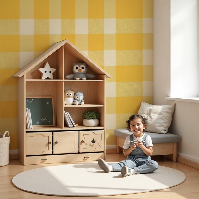 Papel pintado para habitación de bebé | Estampado vichy amarillo brillante para un ambiente alegre