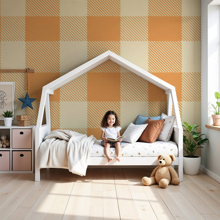 Papier peint chambre bébé | Motif vichy orange et crème pour une ambiance chaleureuse