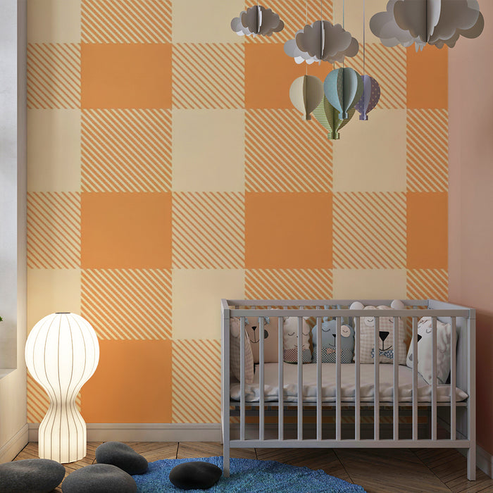 Papier peint chambre bébé | Motif vichy orange et crème pour une ambiance chaleureuse