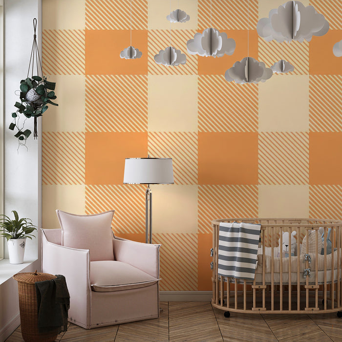 Papier peint chambre bébé | Motif vichy orange et crème pour une ambiance chaleureuse