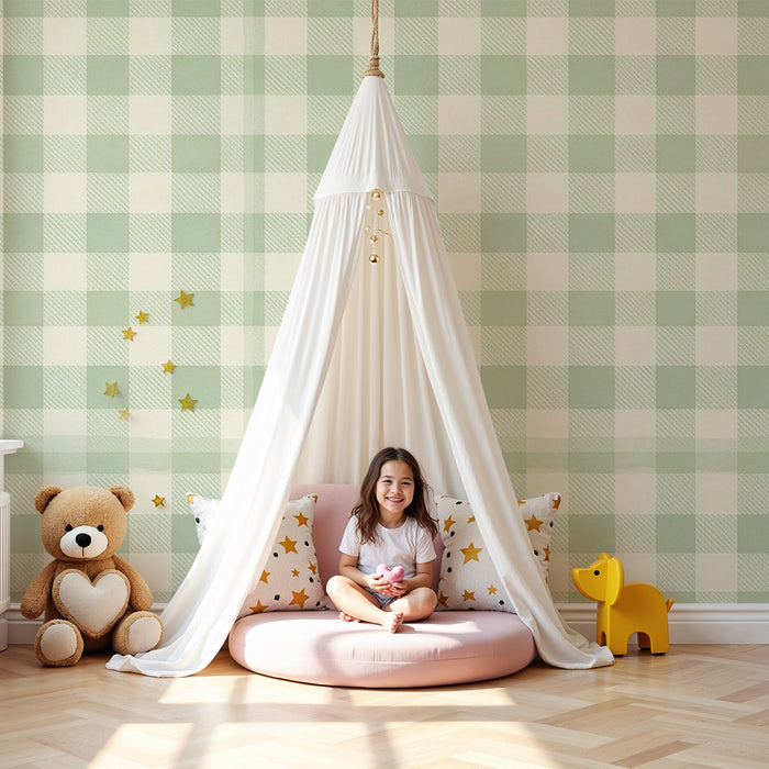 Papier peint chambre bébé | Motif vichy vert doux et crème