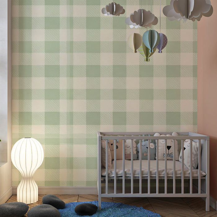 Papier peint chambre bébé | Motif vichy vert doux et crème