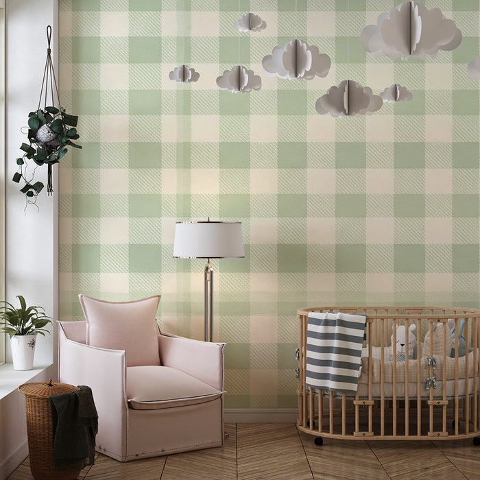 Papier peint chambre bébé | Motif vichy vert doux et crème