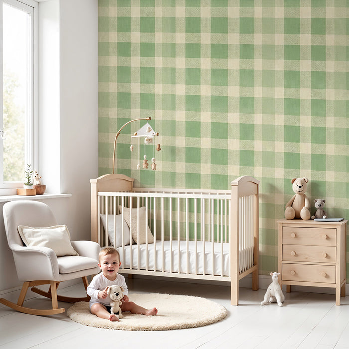 Papier peint chambre bébé | Motif vichy vert doux pour une ambiance apaisante
