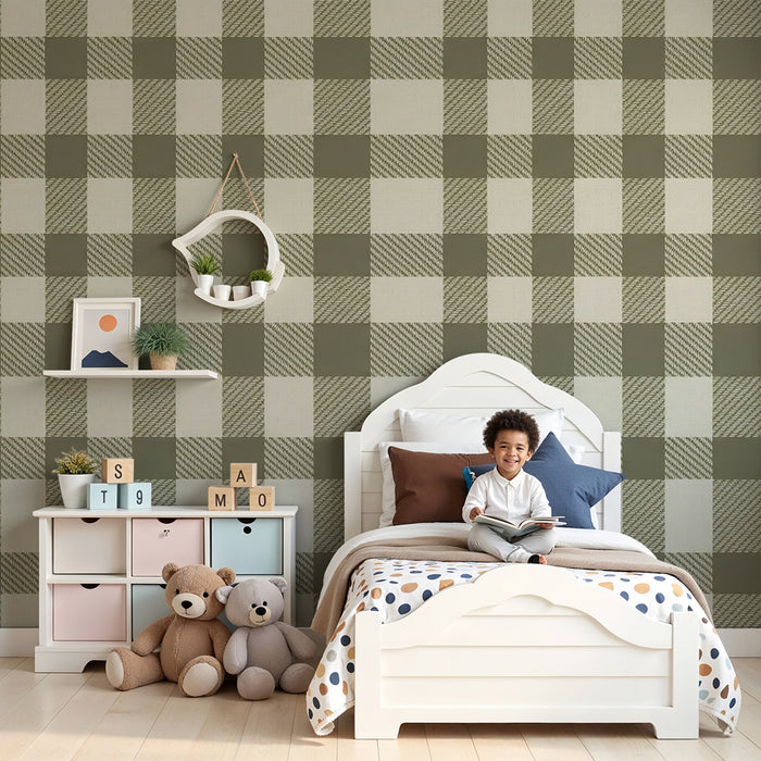 Papel pintado para habitación de bebé | Estampado vichy verde y beige de estilo delicado