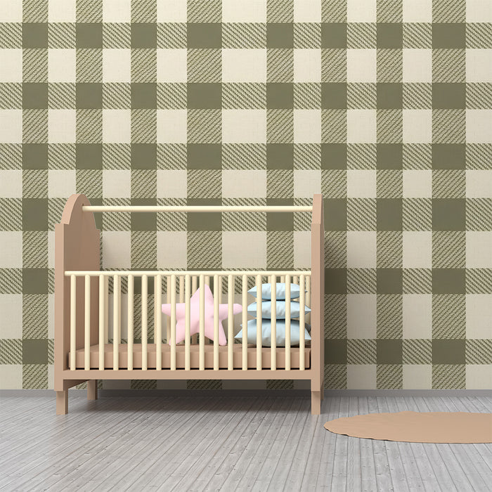 Papel pintado para habitación de bebé | Estampado vichy verde y beige de estilo delicado