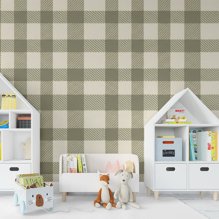 Papel pintado para habitación de bebé | Estampado vichy verde y beige de estilo delicado