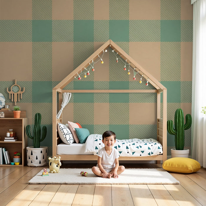 Papier peint chambre bébé | Motif vichy vert et beige dans des tons doux