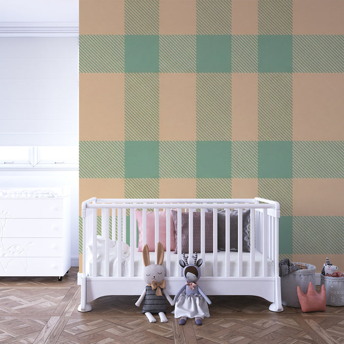 Papier peint chambre bébé | Motif vichy vert et beige dans des tons doux