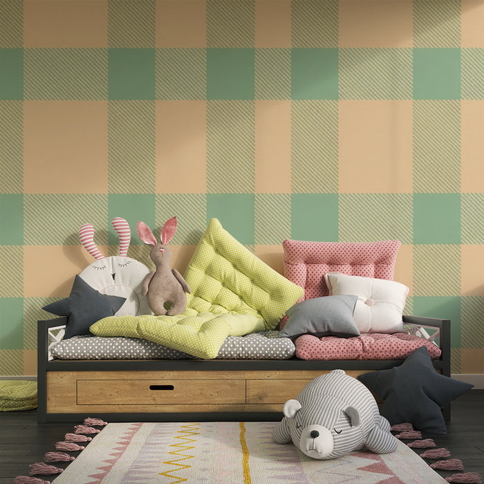 Papier peint chambre bébé | Motif vichy vert et beige dans des tons doux