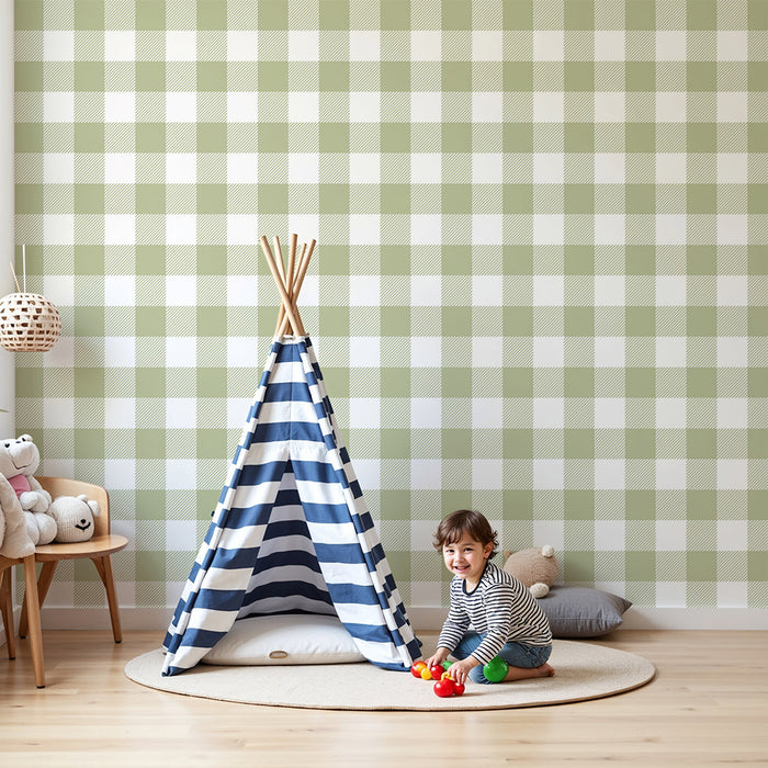 Χαρτί τοιχοποιίας δωματίου μωρού | Πράσινο και λευκό σχέδιο vichy