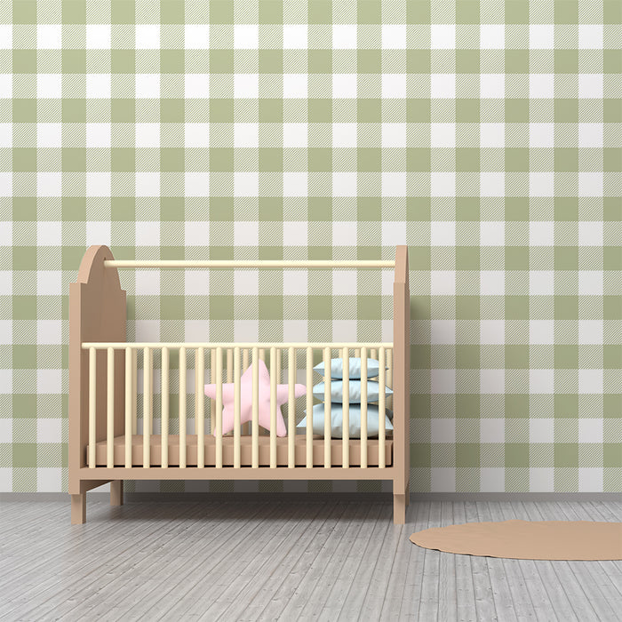 Χαρτί τοιχοποιίας δωματίου μωρού | Πράσινο και λευκό σχέδιο vichy