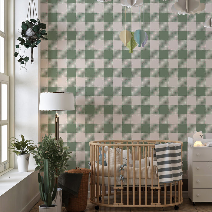 Papel de parede quarto bebê | Padrão vichy verde e branco para um ambiente suave