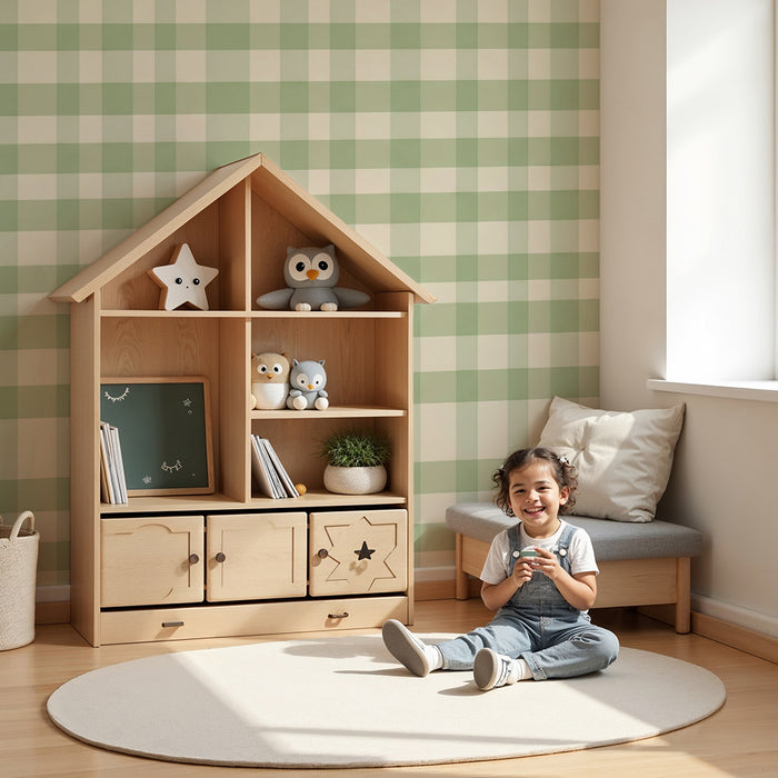 Hârtie de perete pentru camera bebelușului | Model vichy verde și crem, în nuanțe delicate