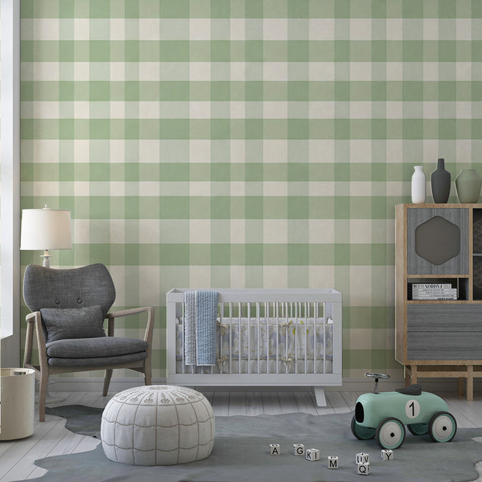 Hârtie de perete pentru camera bebelușului | Model vichy verde și crem, în nuanțe delicate