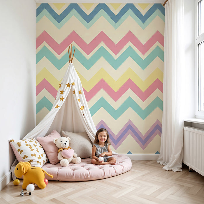 Babykamer behang | Zachte pastel zigzagpatroon in zachte kleuren