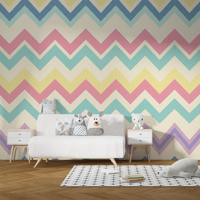 Babykamer behang | Zachte pastel zigzagpatroon in zachte kleuren