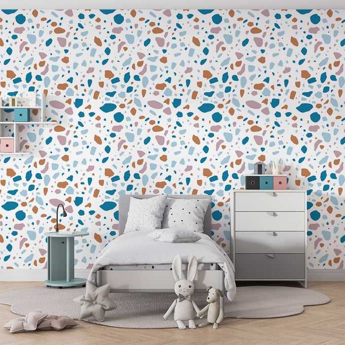Nursery room wallpaper | Colorful abstract patterns in blue, pink, and terracotta