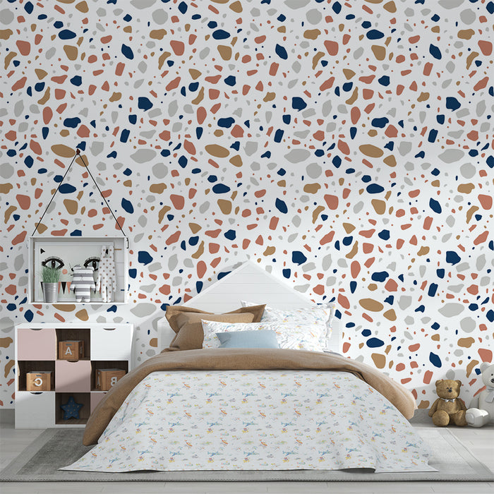 Babykamer behang | Kleurrijke abstracte patronen in terracotta en marineblauw