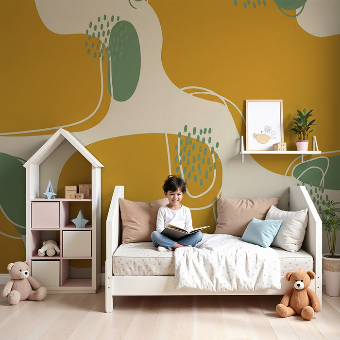Papier peint chambre bébé | Motifs abstraits en jaune et vert pour une ambiance douce