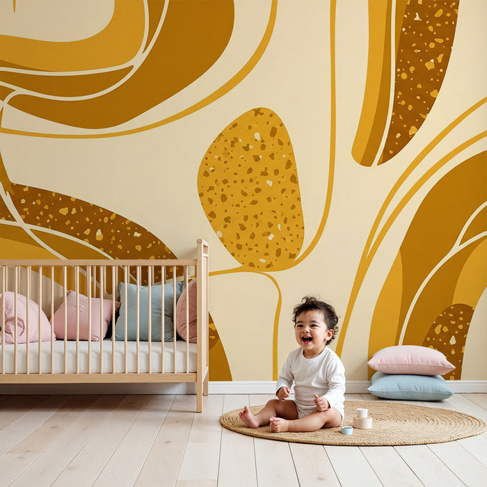 Papier peint chambre bébé | Motifs abstraits en tons dorés et beige
