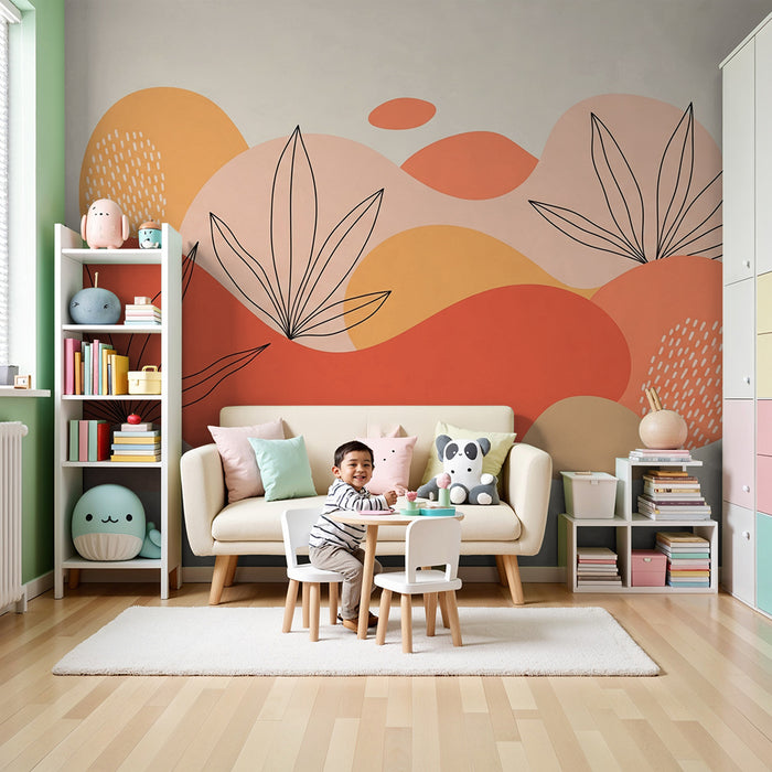 Barntapet | Abstrakta mönster och mjuka löv i pastellfärger
