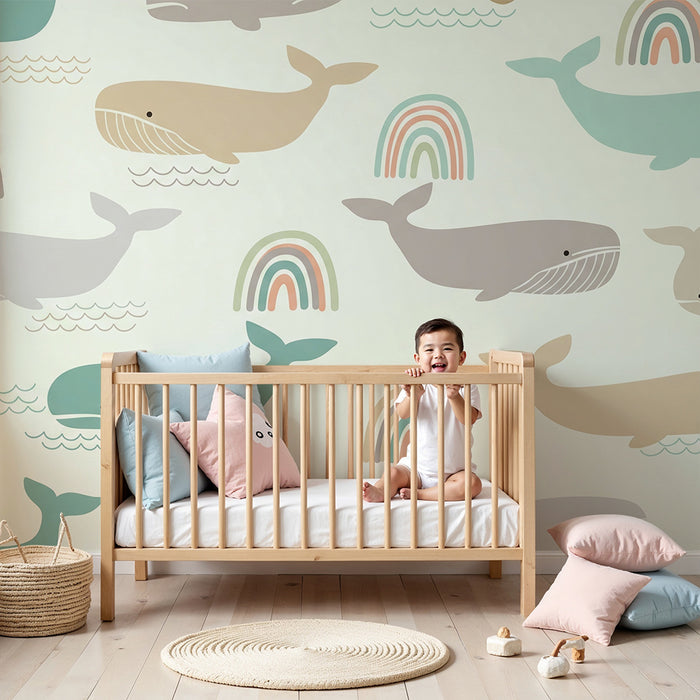 Tapety dla dzieci | Wzory kolorowych wielorybów i tęczy