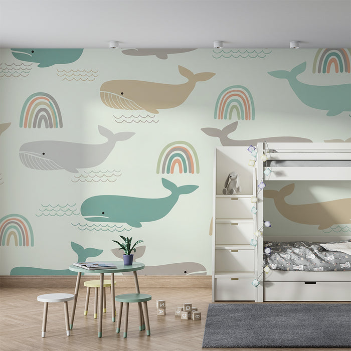 Tapety dla dzieci | Wzory kolorowych wielorybów i tęczy