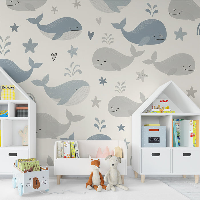 Papier de parede izba pre bábätká | Motívy šedej a modrej veľryby a dúhy