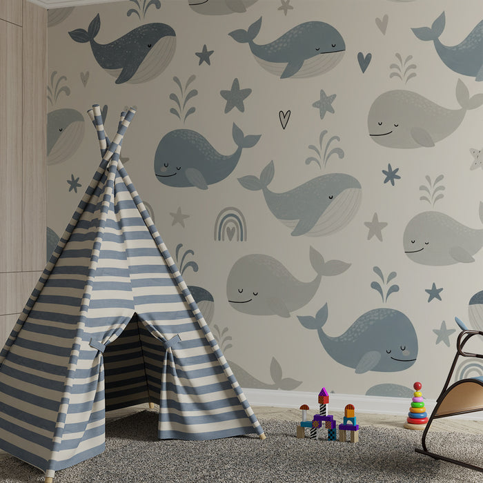 Papier de parede izba pre bábätká | Motívy šedej a modrej veľryby a dúhy