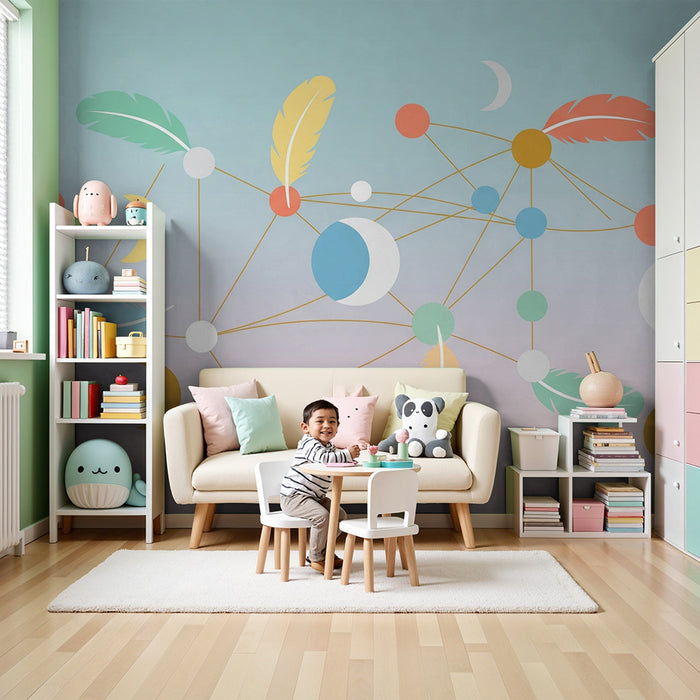 Papel de parede quarto bebê | Motivos celestiais e penas coloridas em fundo pastel