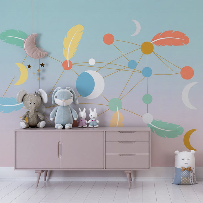 Papel de parede quarto bebê | Motivos celestiais e penas coloridas em fundo pastel